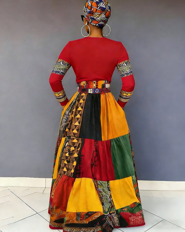 V-neck Reggae Color Blocking Print Pocket Long-Sleeved Maxi Dress