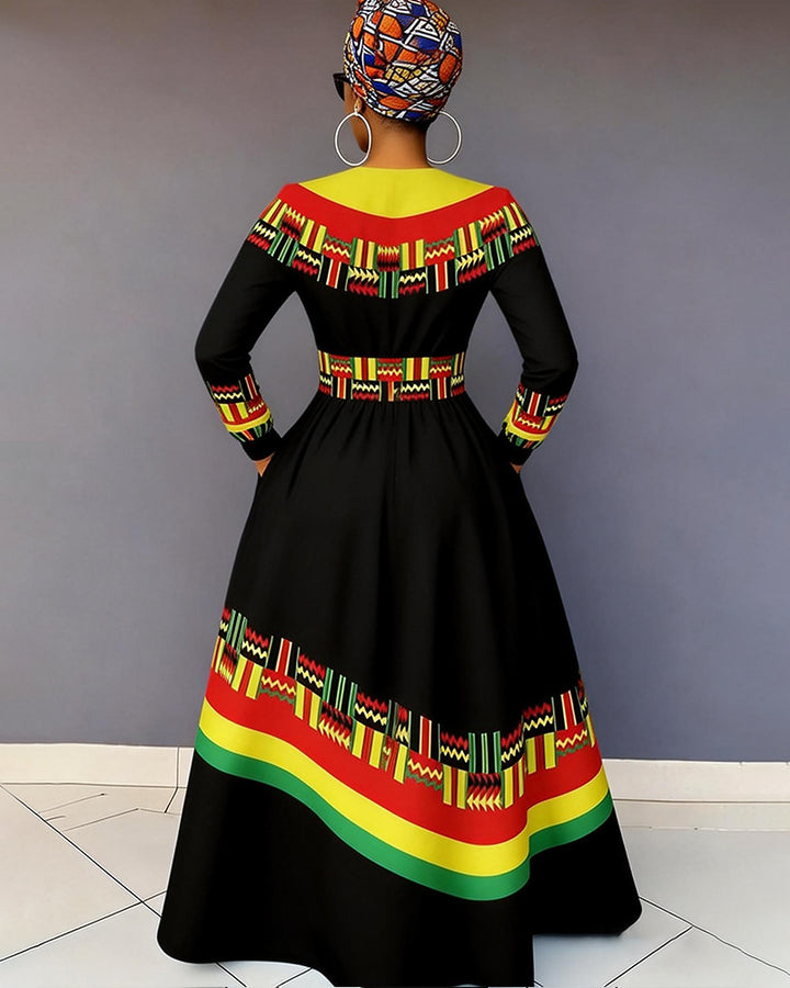 V-neck Reggae Print Pocket Long-Sleeved Maxi Dress
