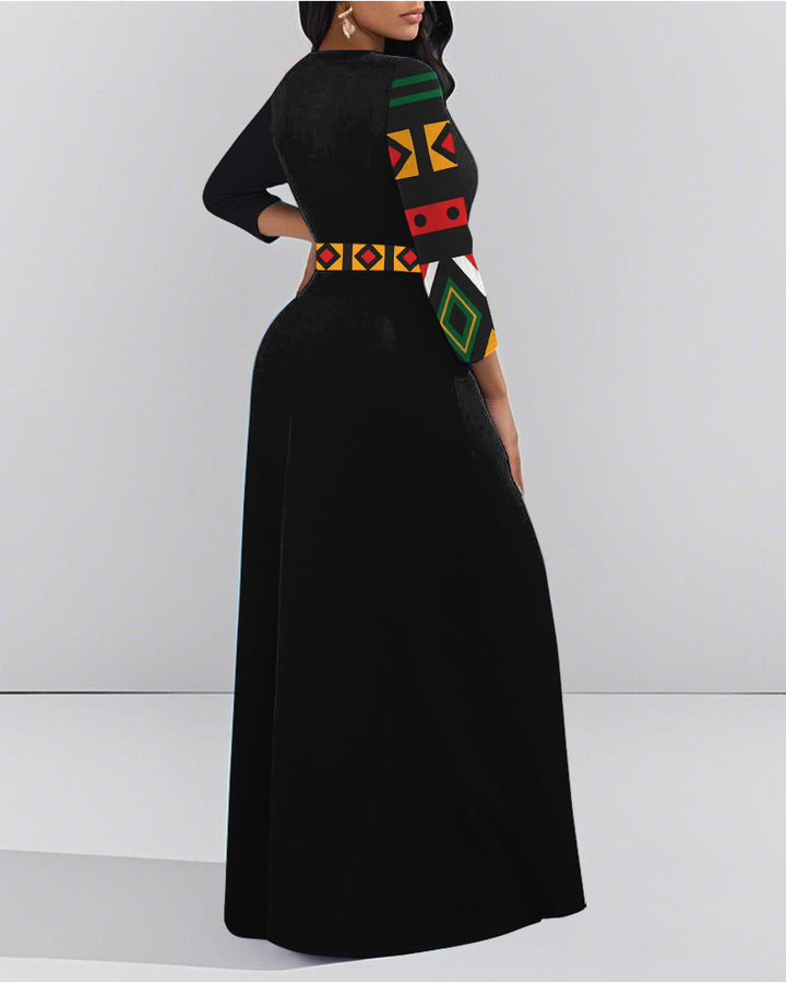 Crew Neck Totem Splicing Straps Pockets Maxi Dress