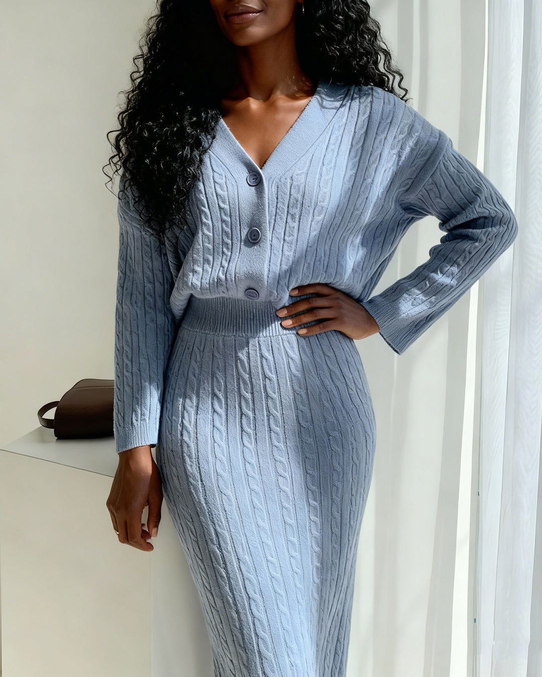 Knitted Sweater Cardigan Jacket Hip Over-the-Knee Dress Set