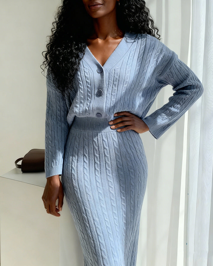 Knitted Sweater Cardigan Jacket Hip Over-the-Knee Dress Set