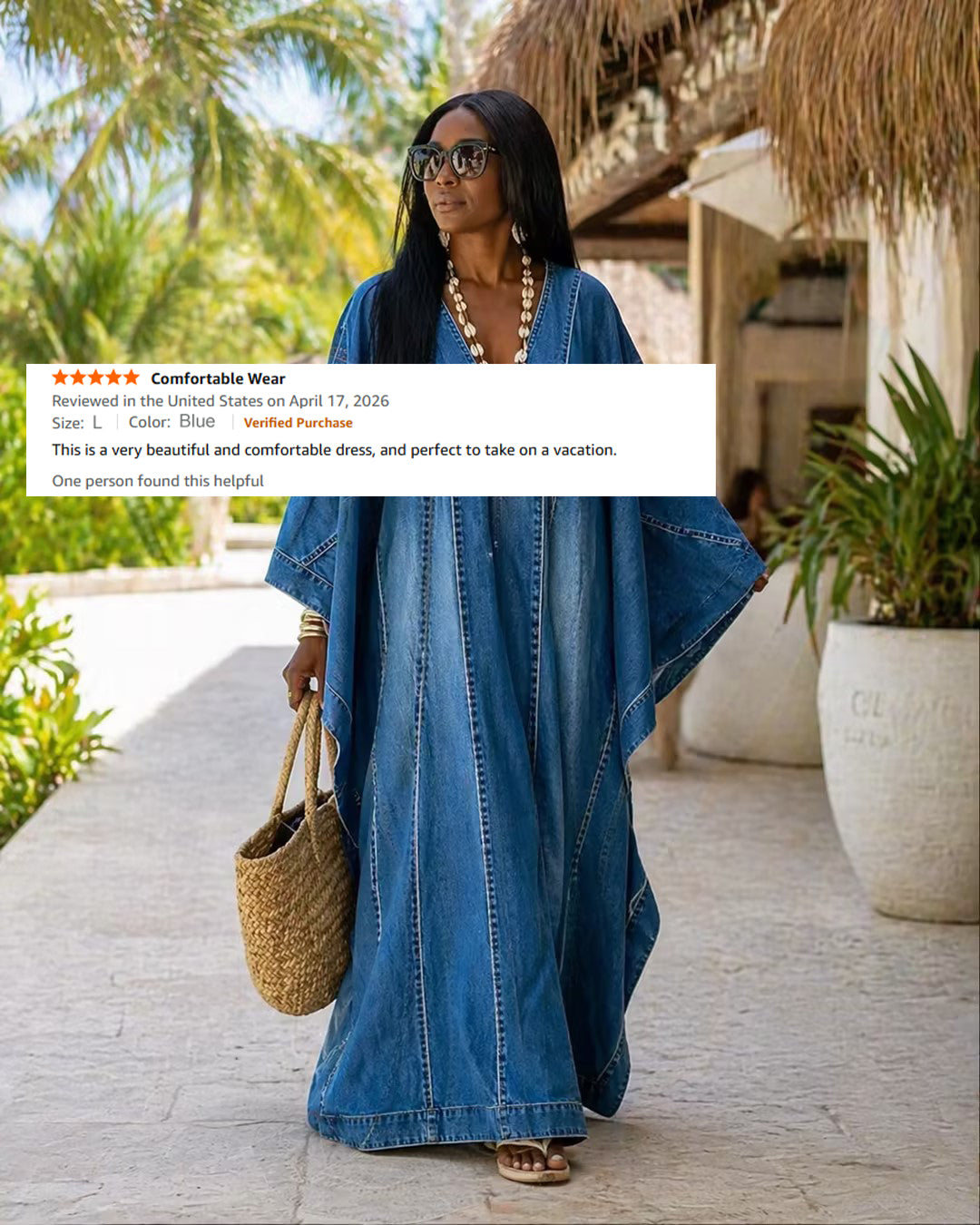 Washed Denim Texture Print V-neck Long Kaftan Dress