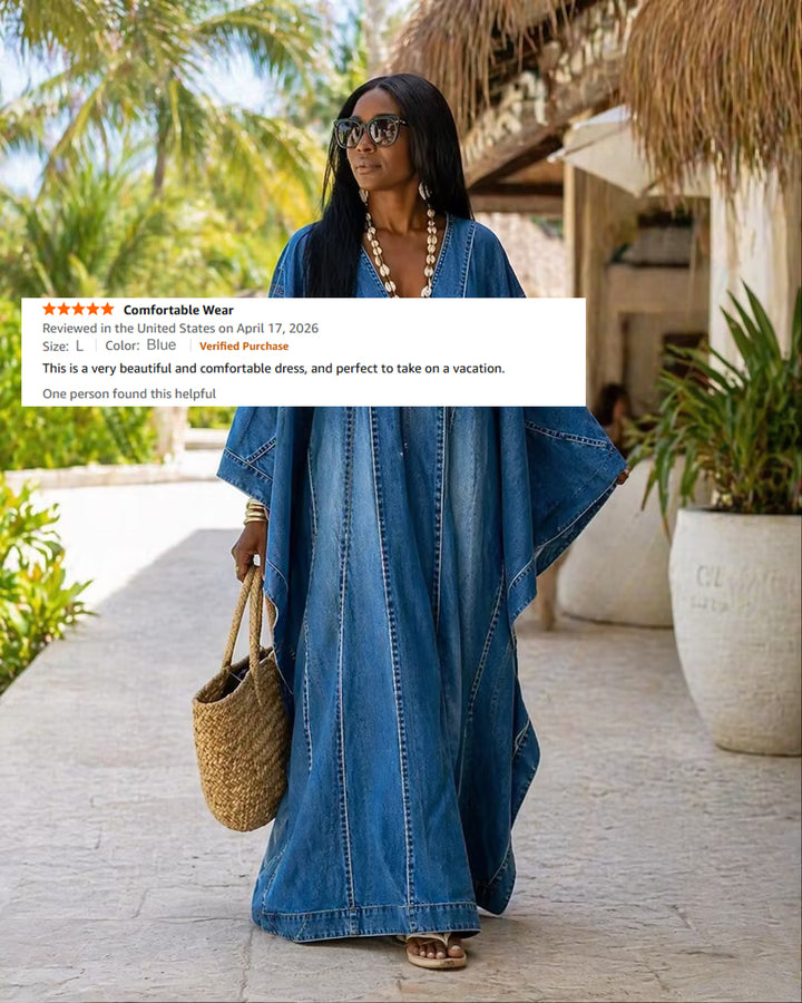 Washed Denim Texture Print V-neck Long Kaftan Dress