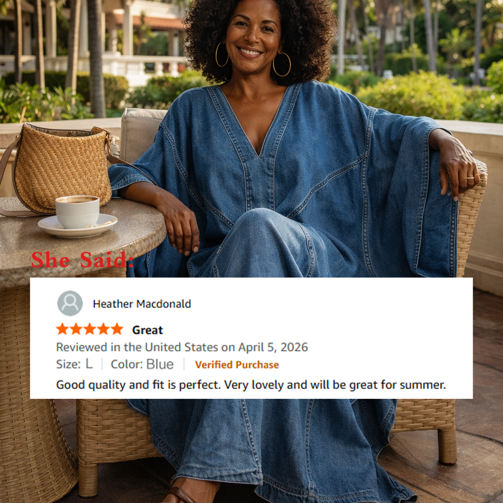 Washed Denim Texture Print V-neck Long Kaftan Dress