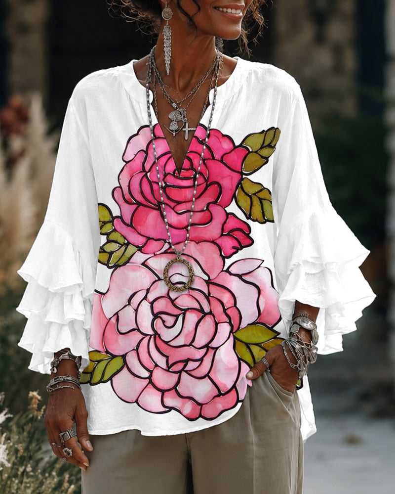 Large Pink Roses V-Neck Ruffle Lace Sleeves Blouse