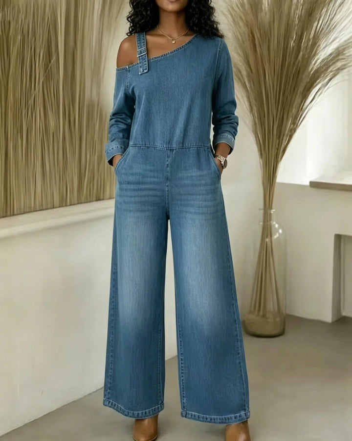 Women's Washed Denim Overall Wide-Leg Jumpsuit